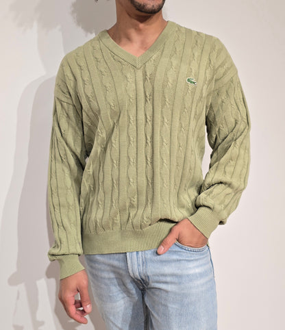 Pull col V en maille torsadée vert des années 80' - M
