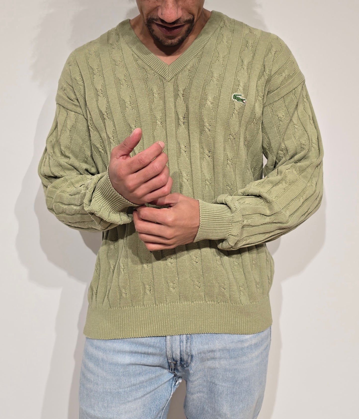 Pull col V en maille torsadée vert des années 80' - M