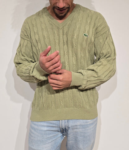 Pull col V en maille torsadée vert des années 80' - M
