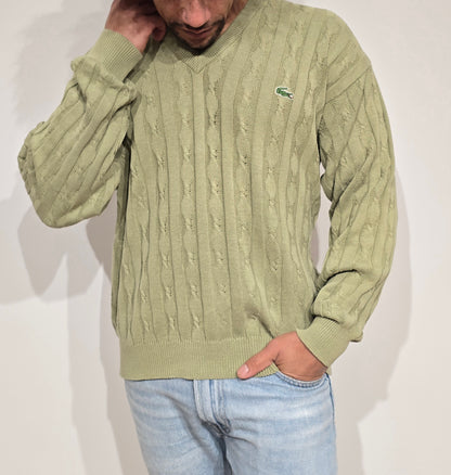 Pull col V en maille torsadée vert des années 80' - M
