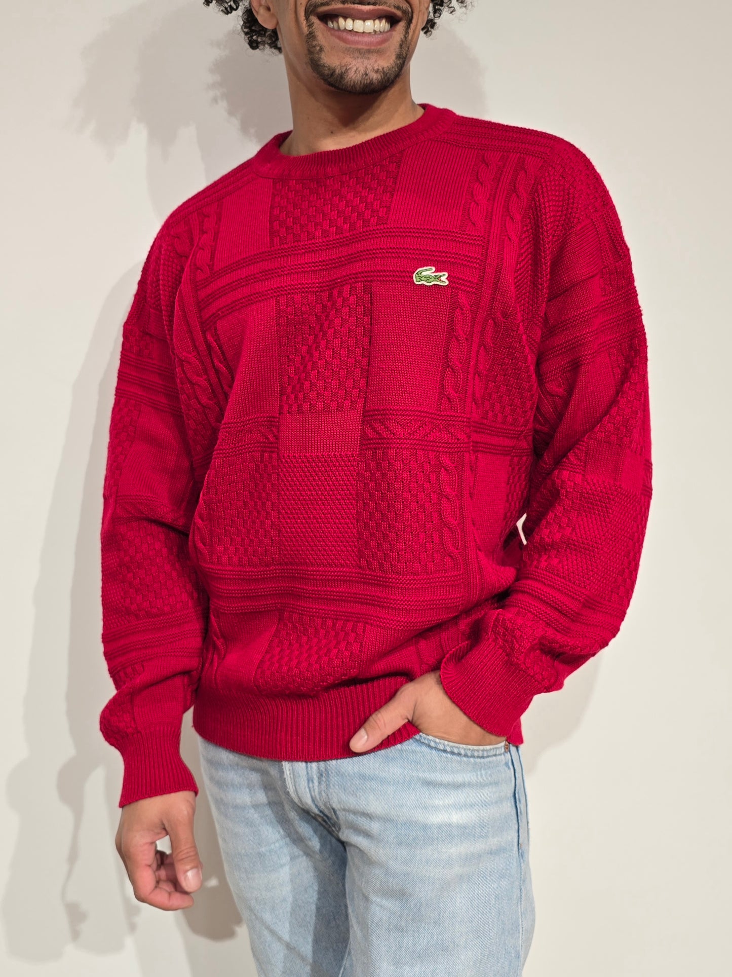 Pull en maille travaillée rouge des années 80' - M
