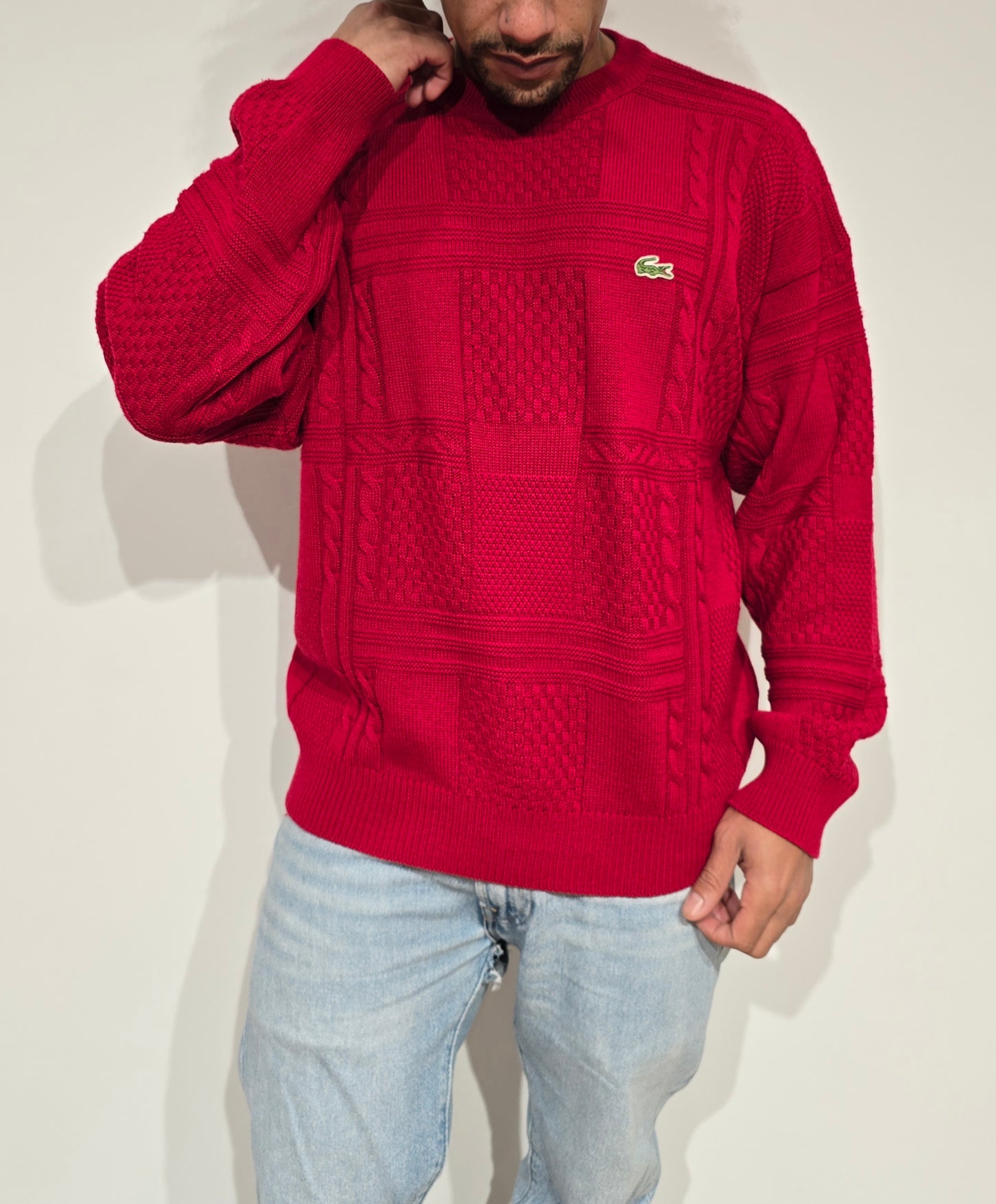 Pull en maille travaillée rouge des années 80' - M