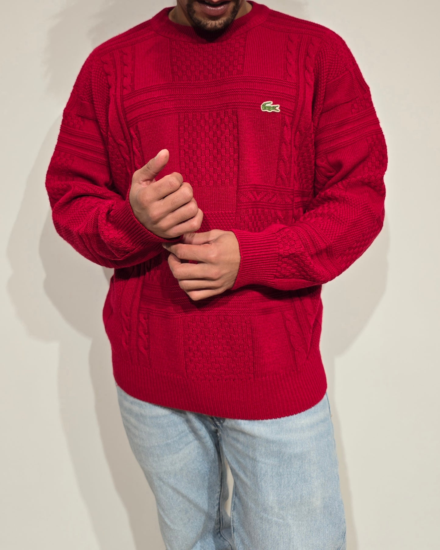 Pull en maille travaillée rouge des années 80' - M