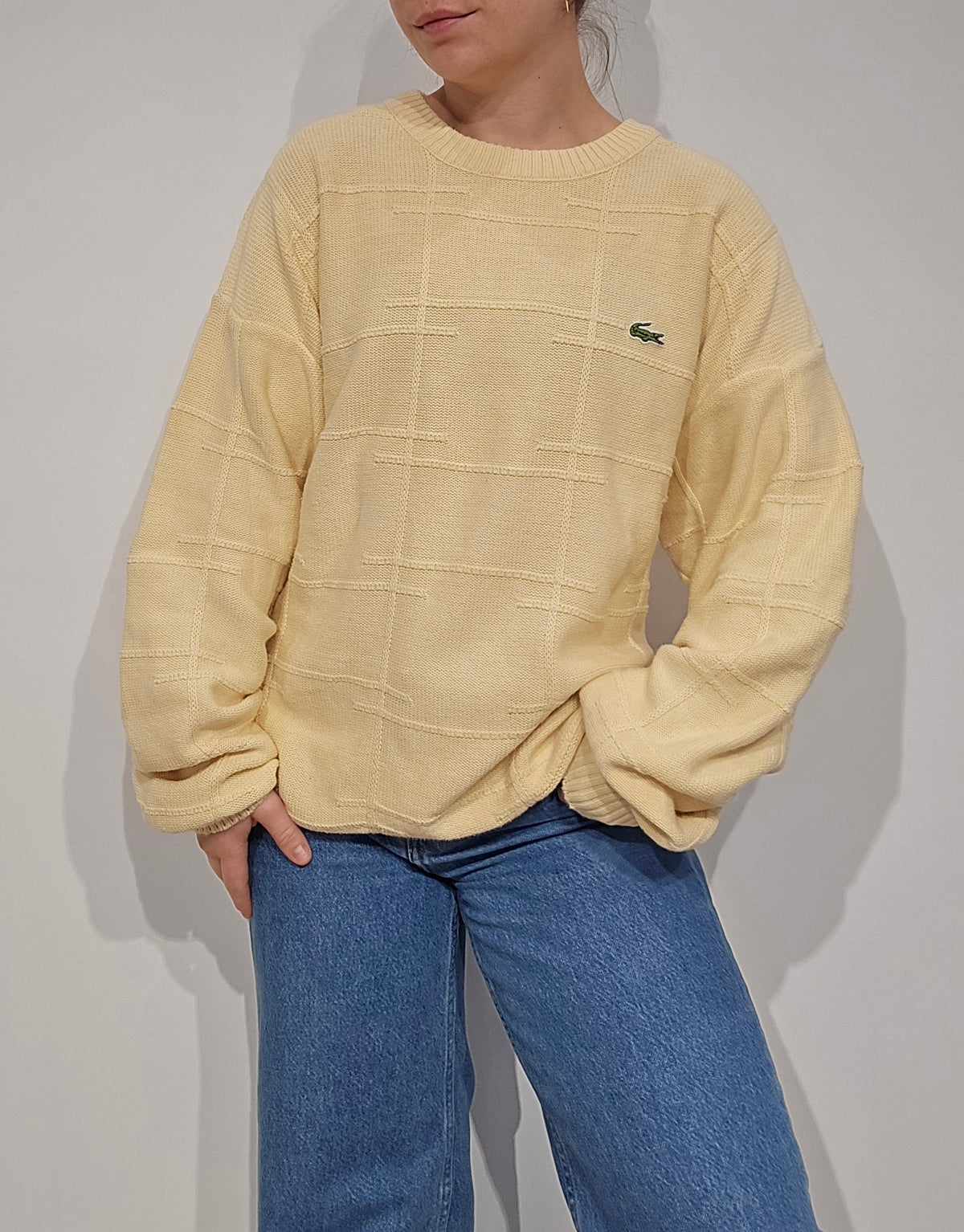 Pull en maille légère jaune poussin des années 80' Fabriqué en France - XL