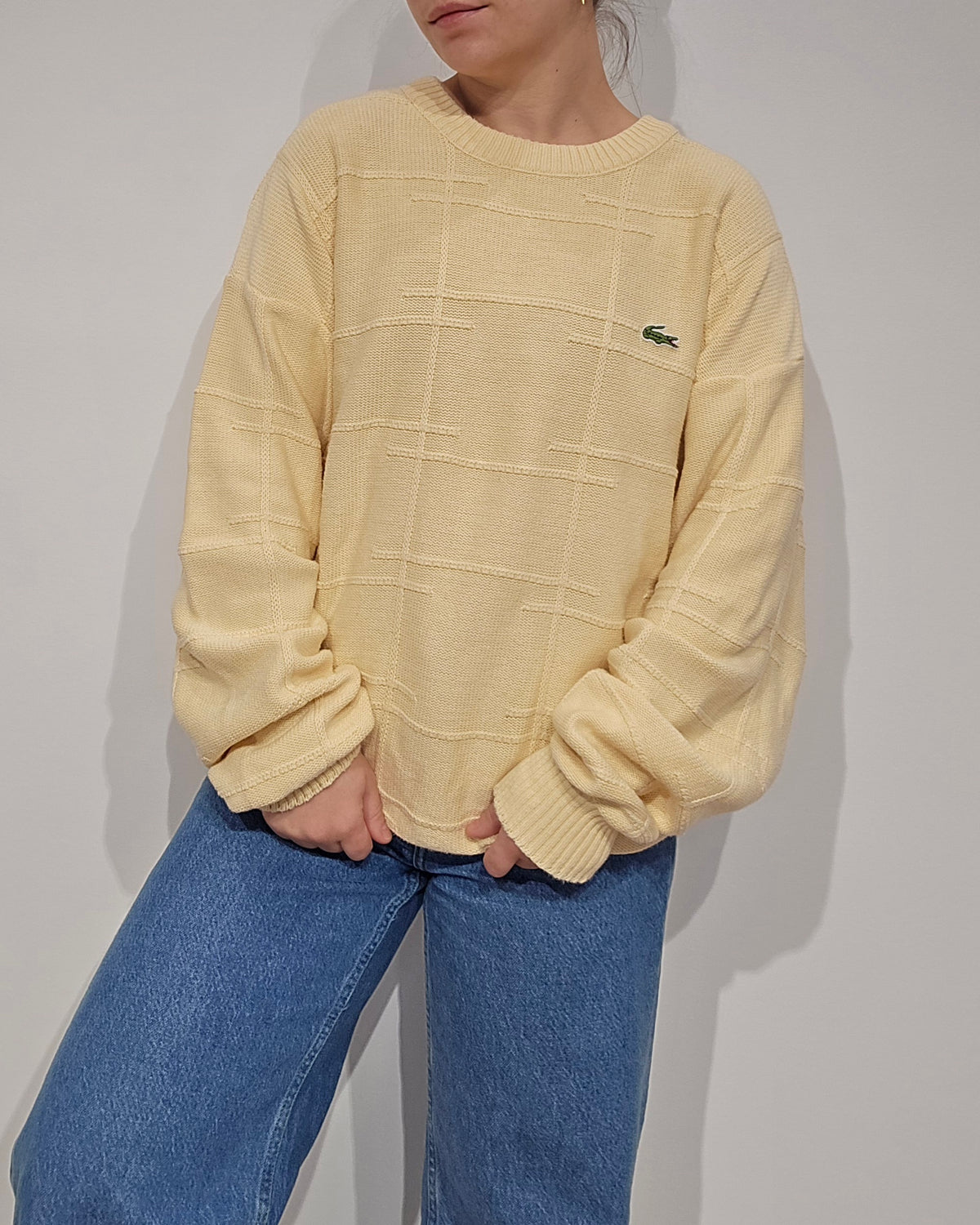 Pull en maille légère jaune poussin des années 80' Fabriqué en France - XL