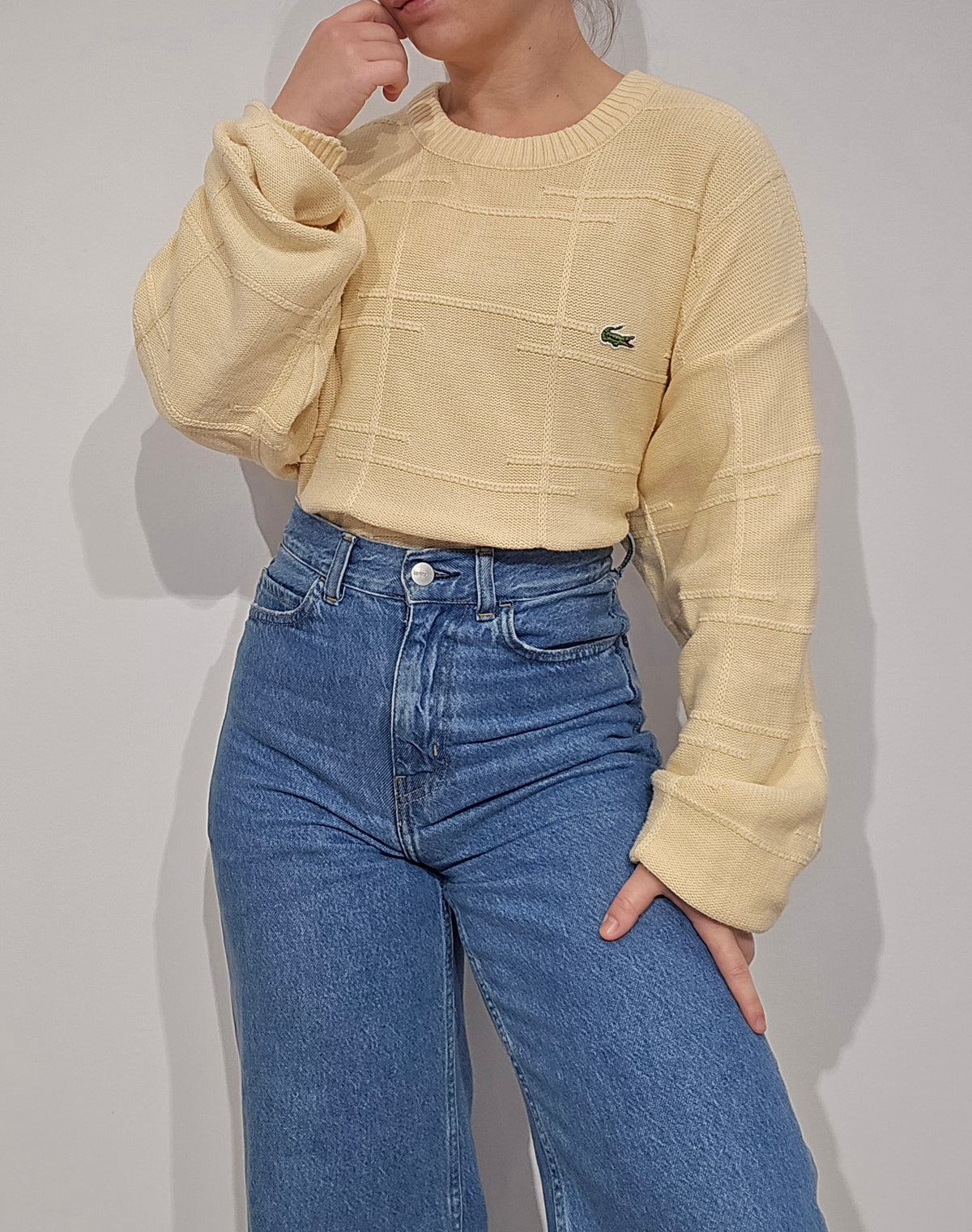 Pull en maille légère jaune poussin des années 80' Fabriqué en France - XL