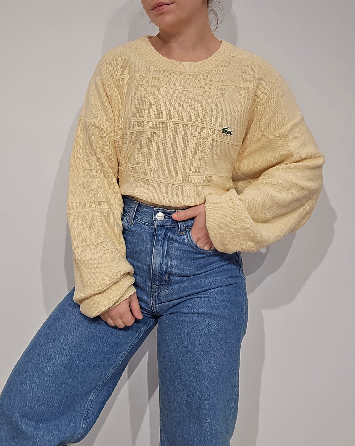 Pull en maille légère jaune poussin des années 80' Fabriqué en France - XL