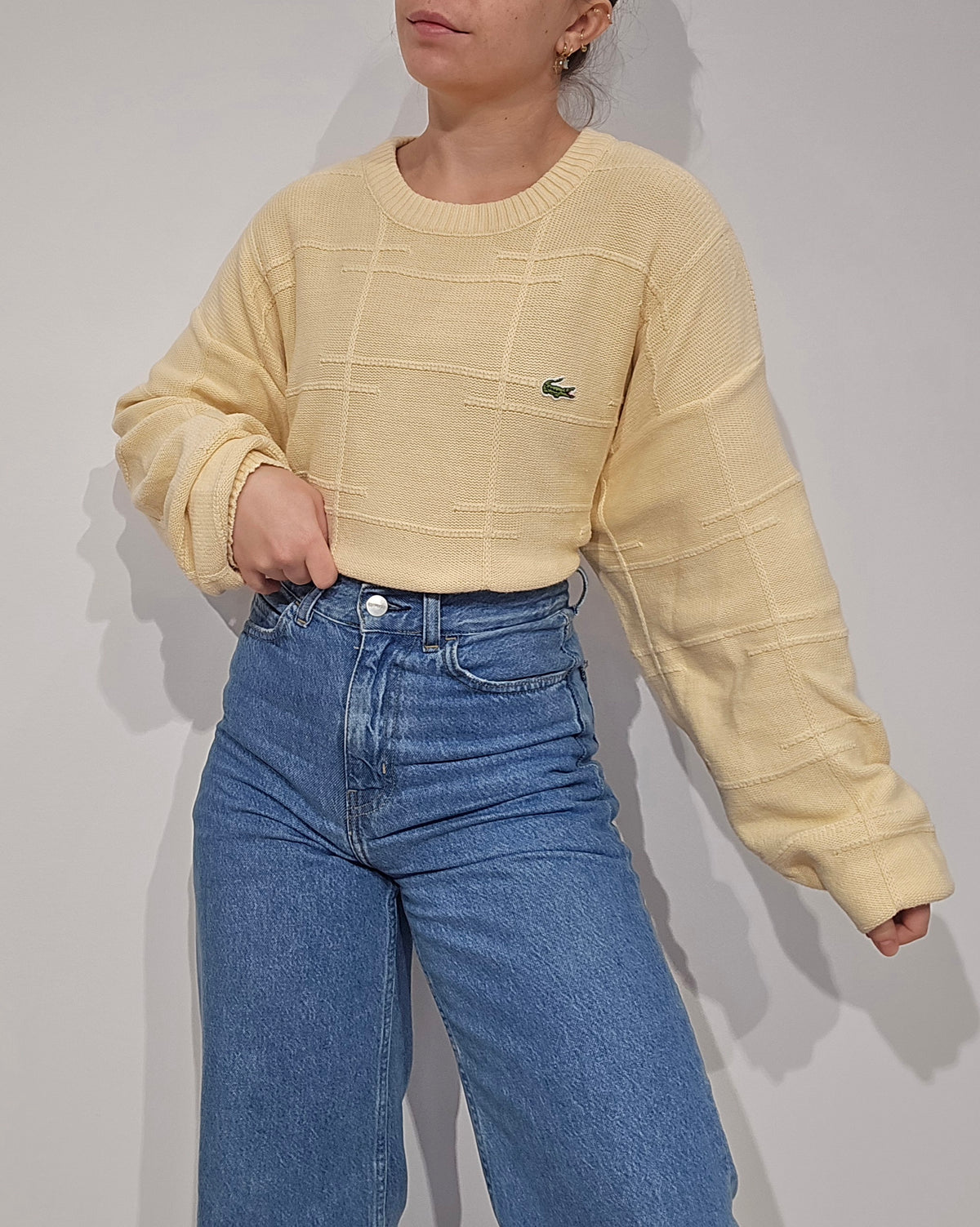Pull en maille légère jaune poussin des années 80' Fabriqué en France - XL