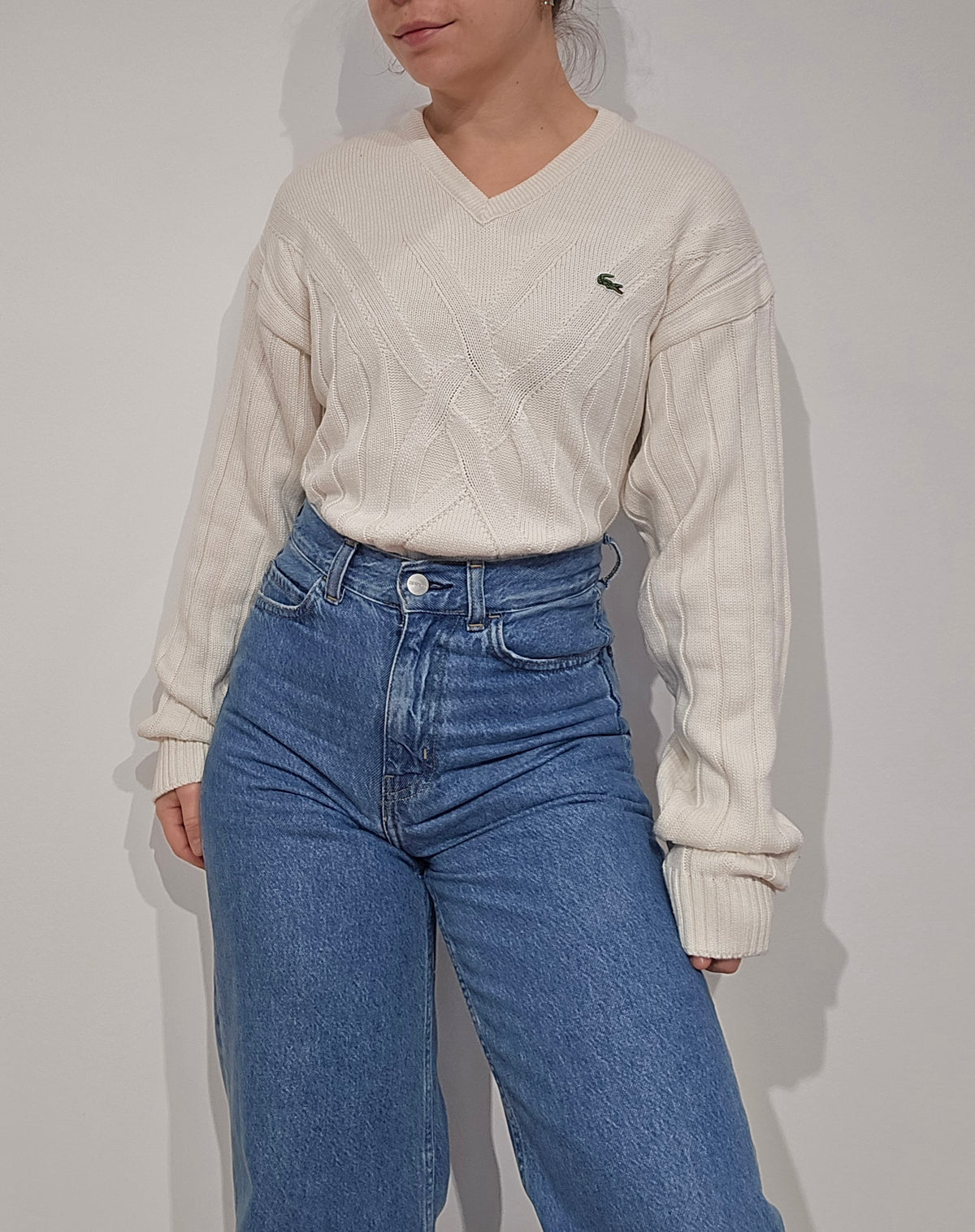 Pull col V en maille travaillée des années 90' - M