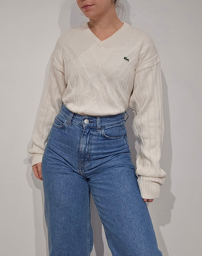 Pull col V en maille travaillée des années 90' - M