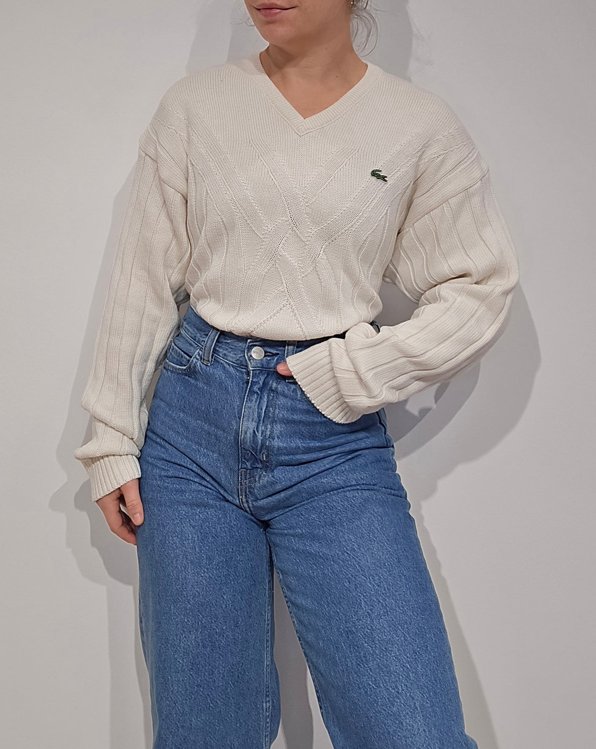 Pull col V en maille travaillée des années 90' - M
