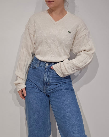 Pull col V en maille travaillée des années 90' - M