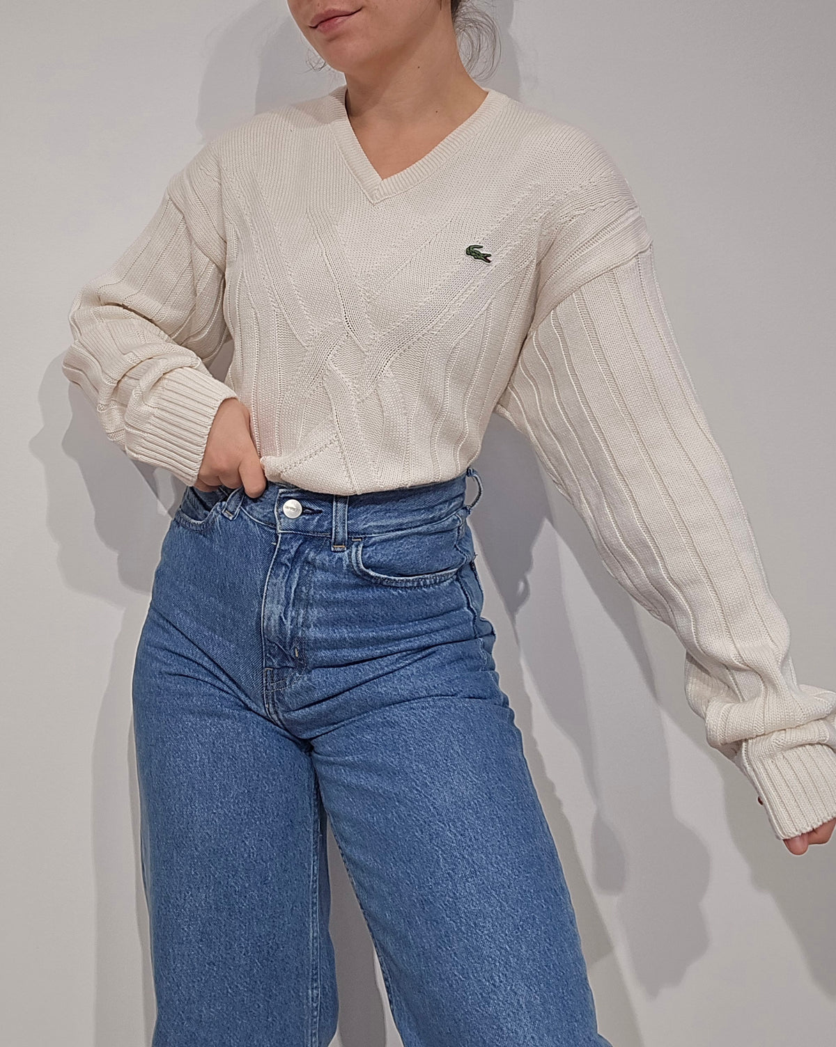 Pull col V en maille travaillée des années 90' - M