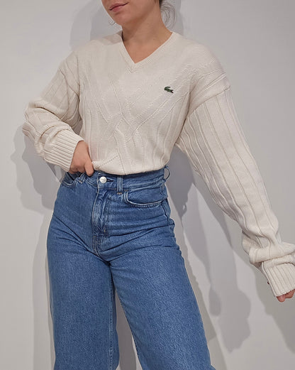Pull col V en maille travaillée des années 90' - M