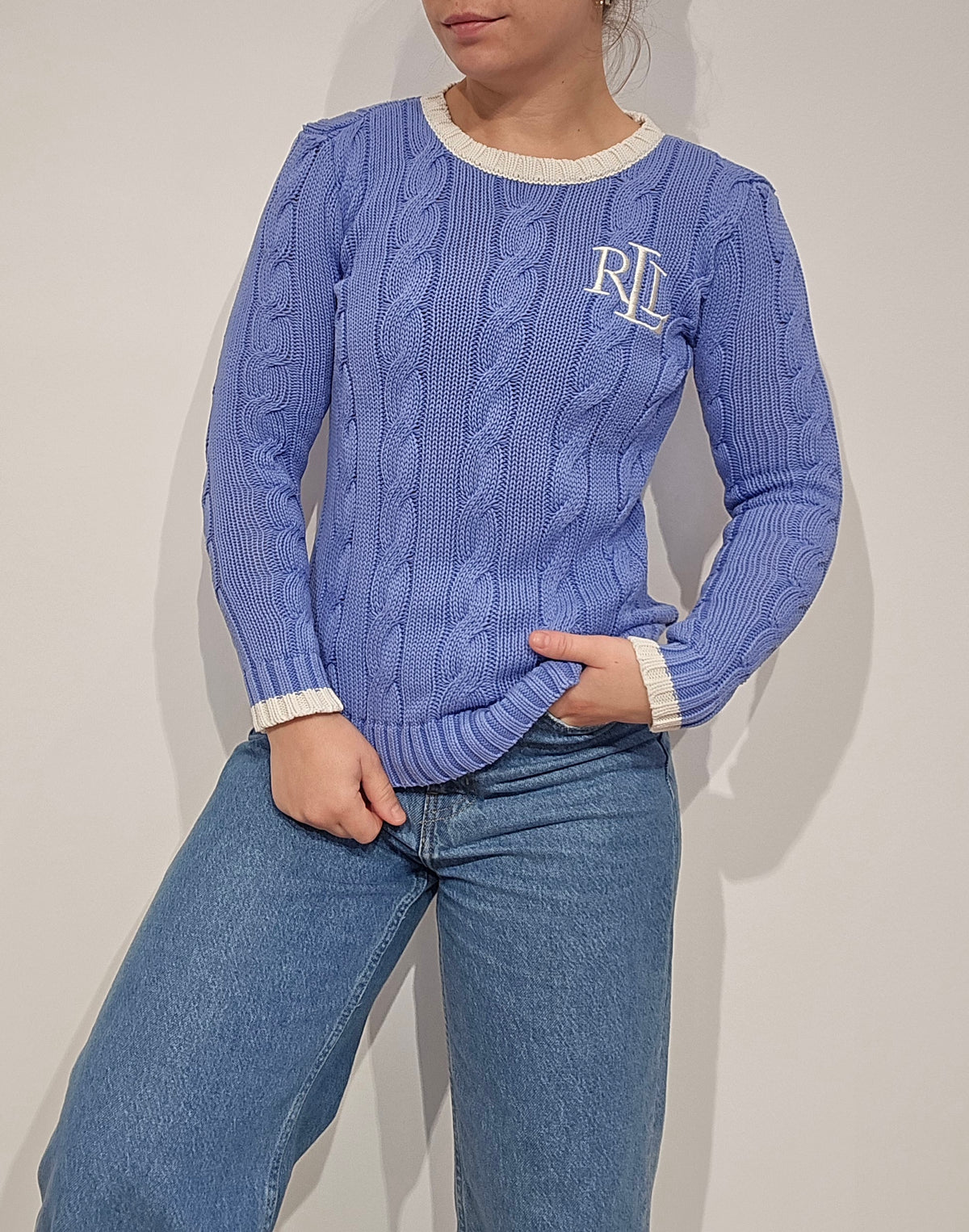 Pull en maille torsadée bleu brodé RLR - XS