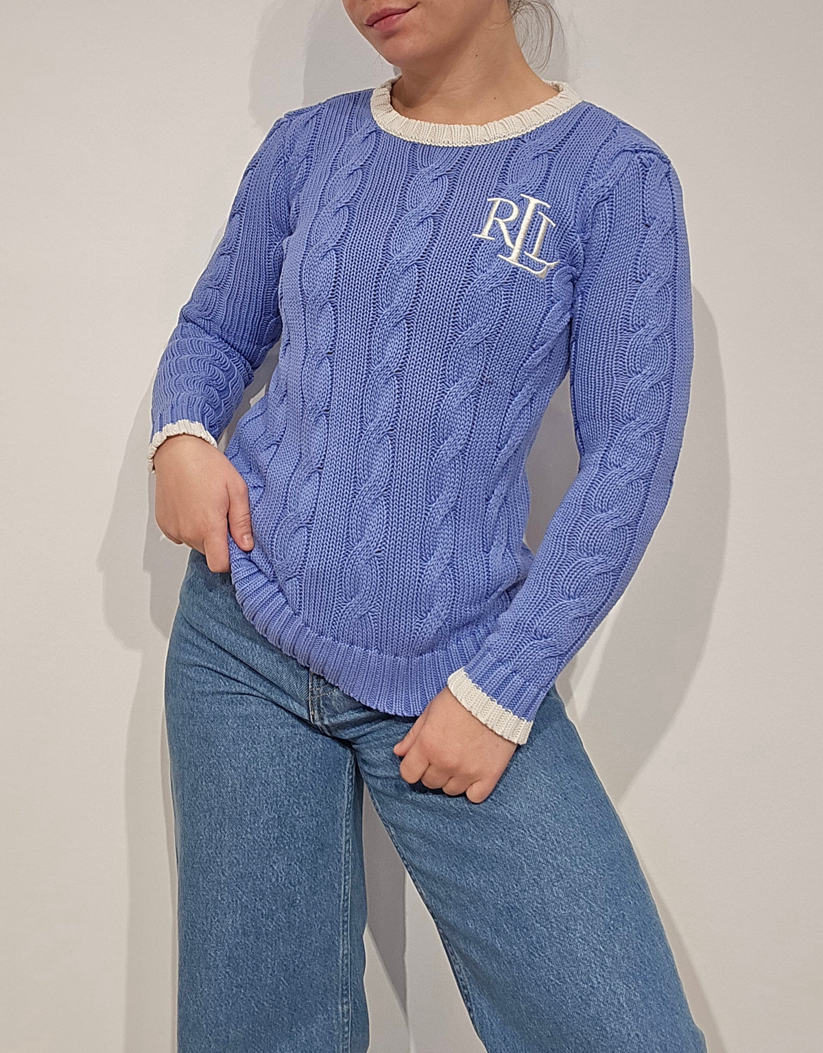 Pull en maille torsadée bleu brodé RLR - XS