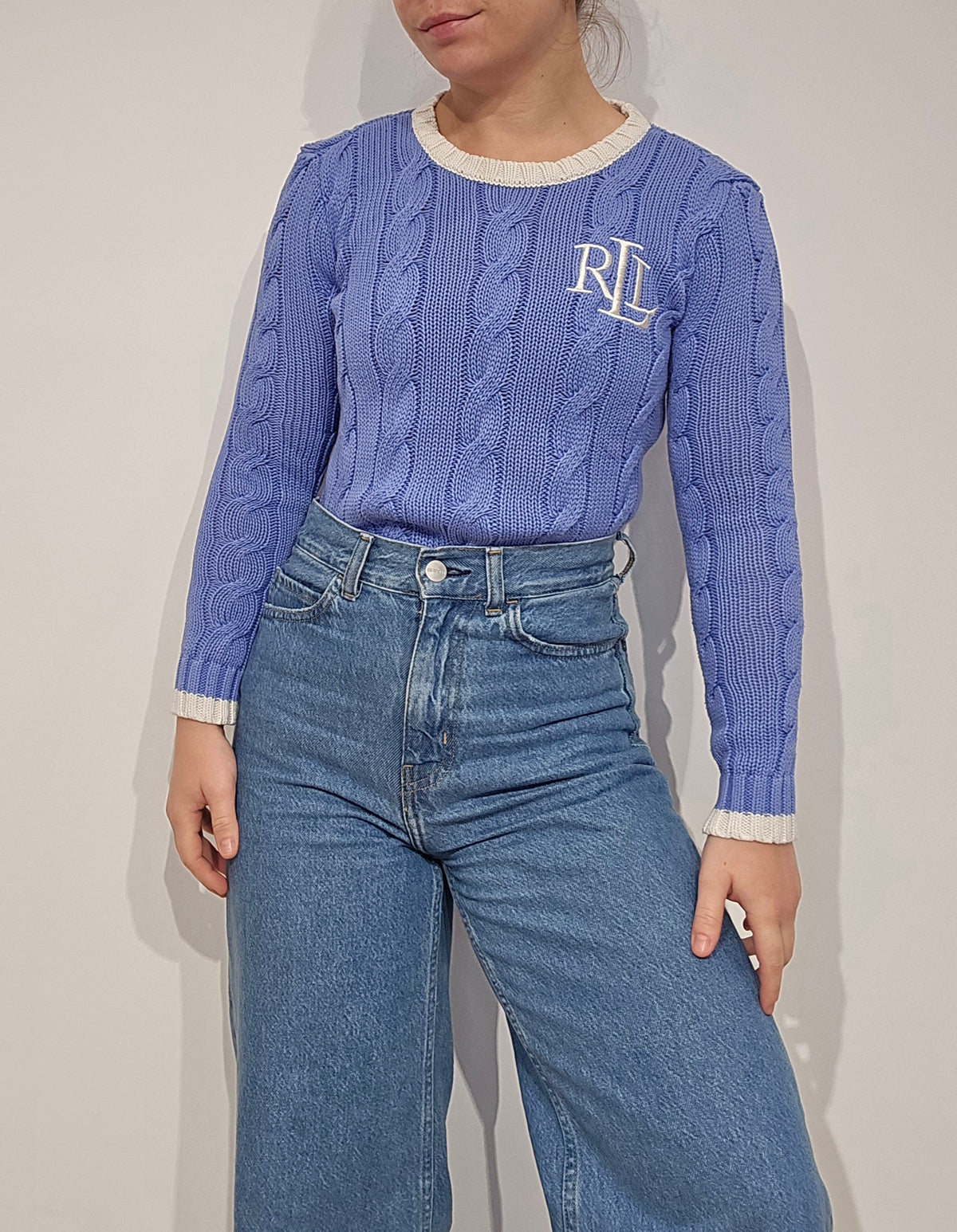 Pull en maille torsadée bleu brodé RLR - XS