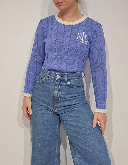 Pull en maille torsadée bleu brodé RLR - XS