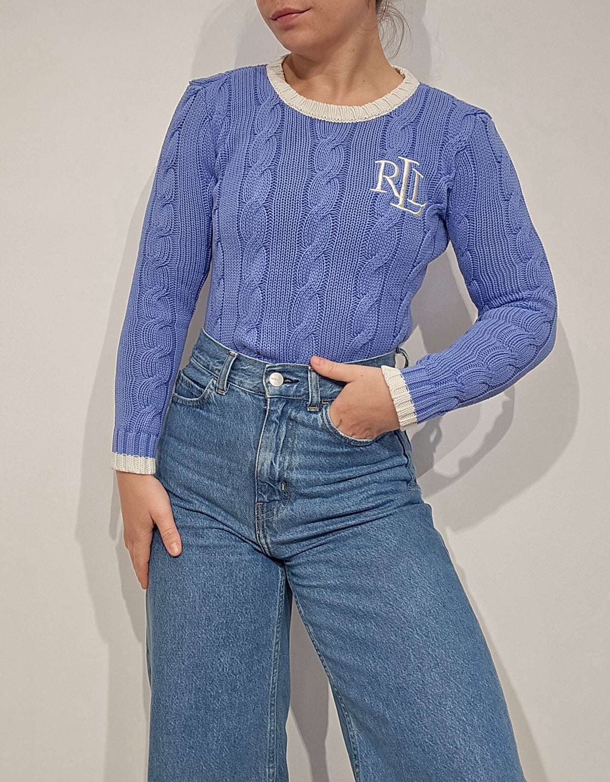 Pull en maille torsadée bleu brodé RLR - XS