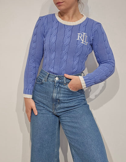 Pull en maille torsadée bleu brodé RLR - XS