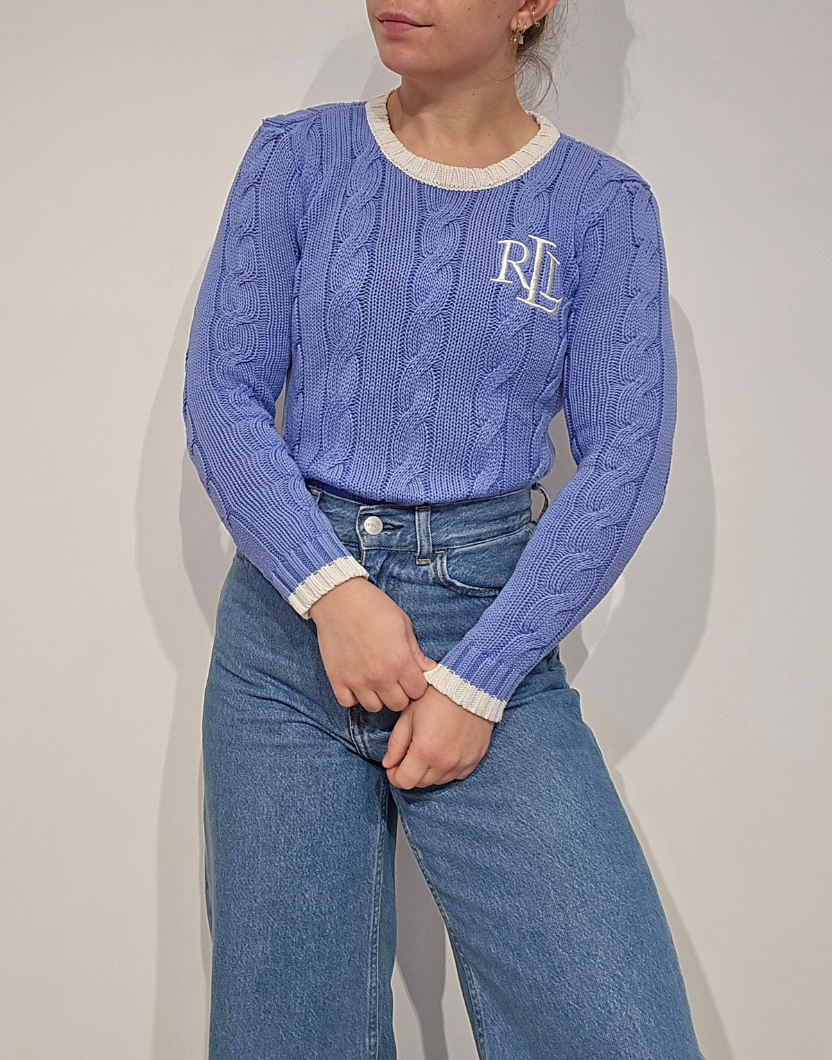 Pull en maille torsadée bleu brodé RLR - XS