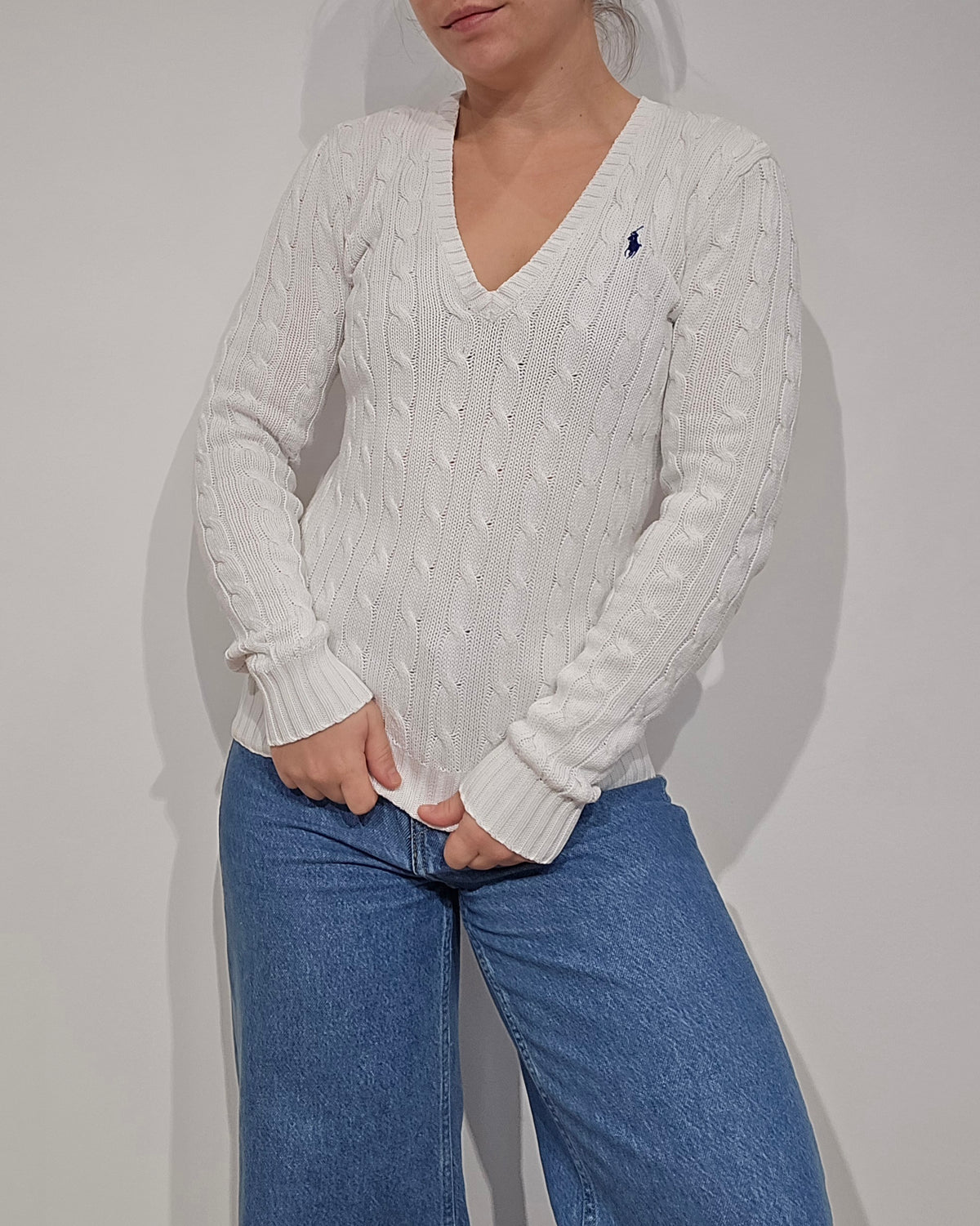 Pull col V en maille torsadé blanc - XS