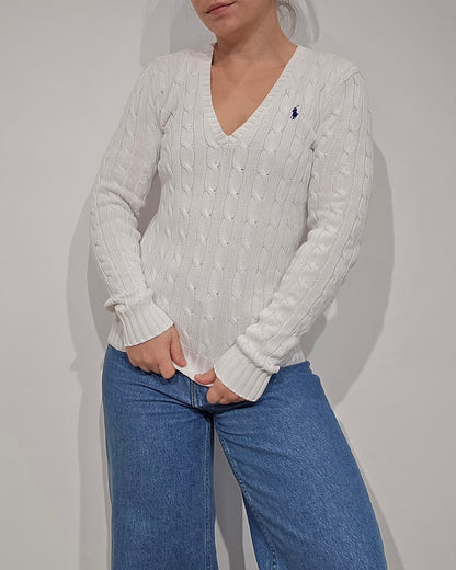Pull col V en maille torsadé blanc - XS
