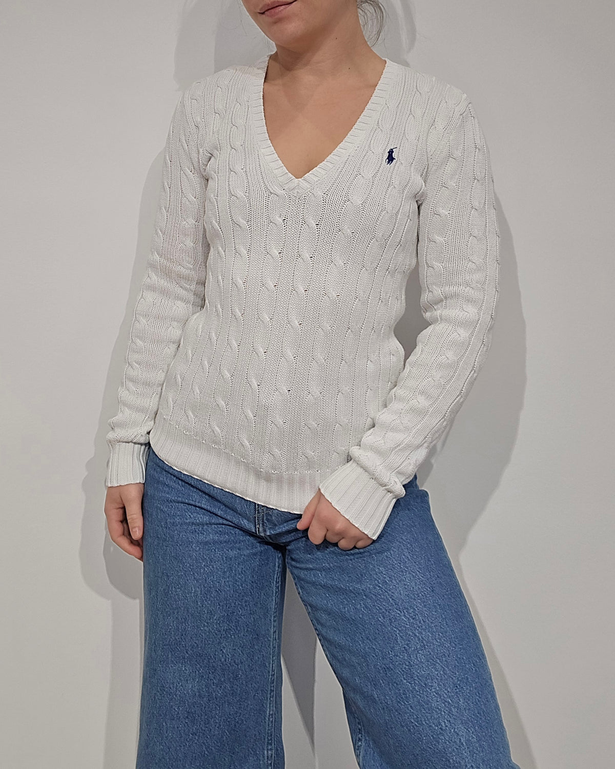 Pull col V en maille torsadé blanc - XS