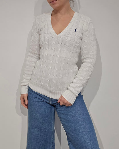 Pull col V en maille torsadé blanc - XS