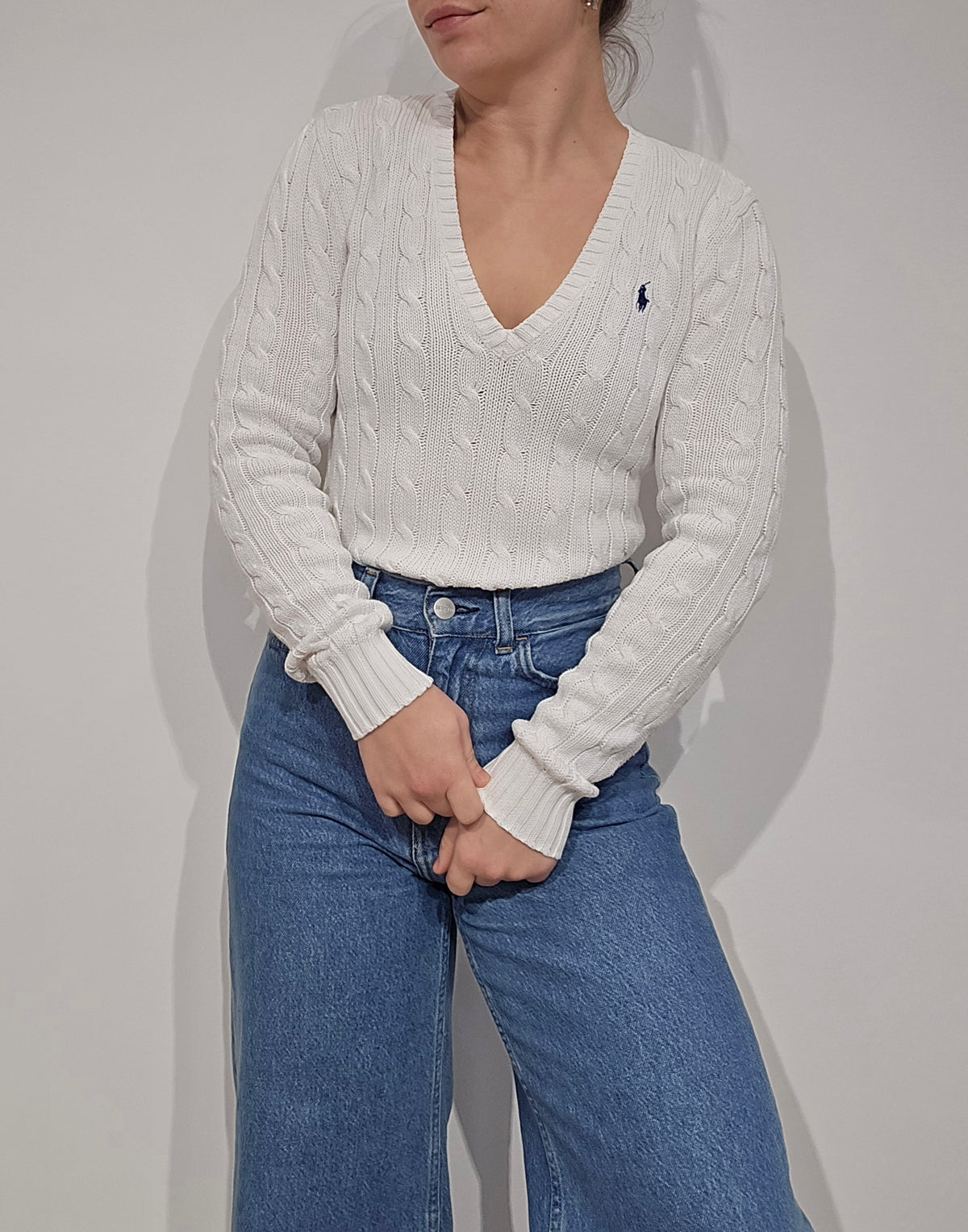 Pull col V en maille torsadé blanc - XS