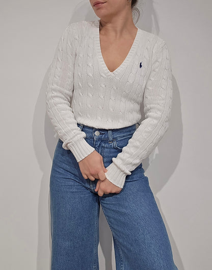 Pull col V en maille torsadé blanc - XS