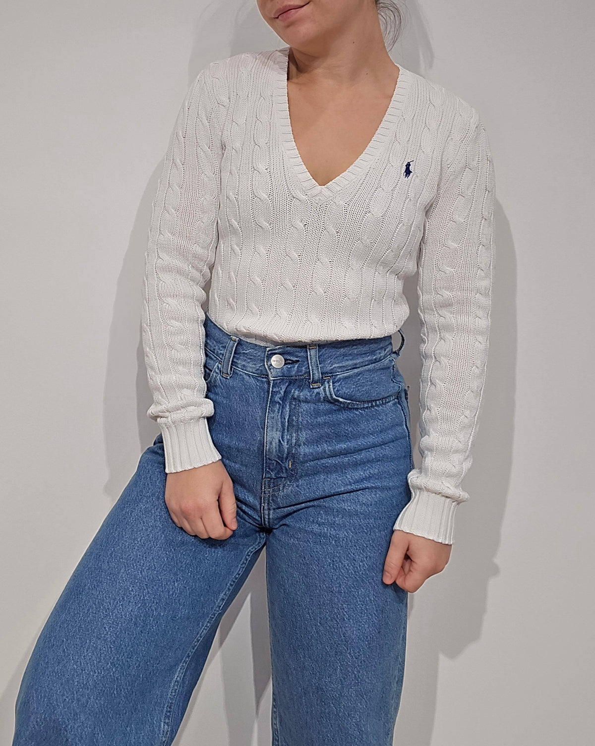 Pull col V en maille torsadé blanc - XS