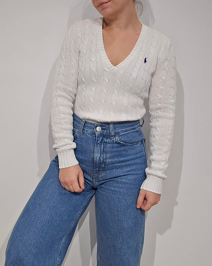 Pull col V en maille torsadé blanc - XS
