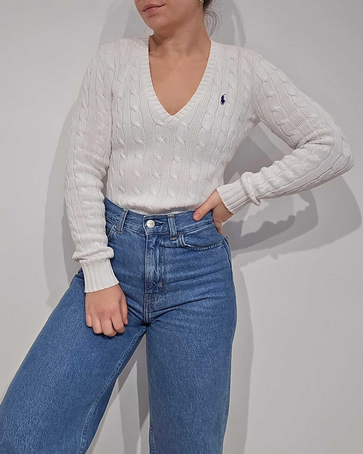 Pull col V en maille torsadé blanc - XS