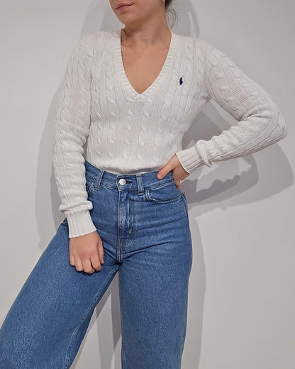 Pull col V en maille torsadé blanc - XS
