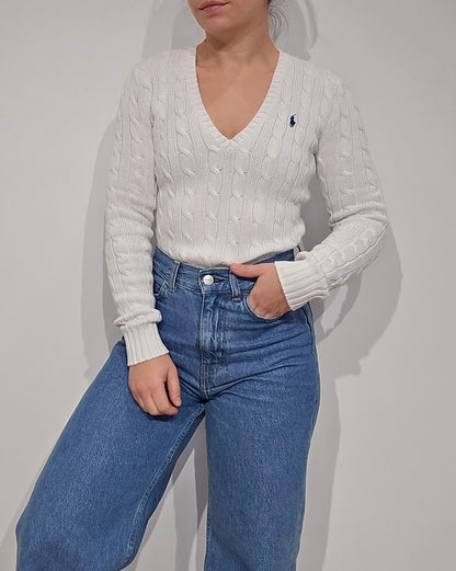 Pull col V en maille torsadé blanc - XS