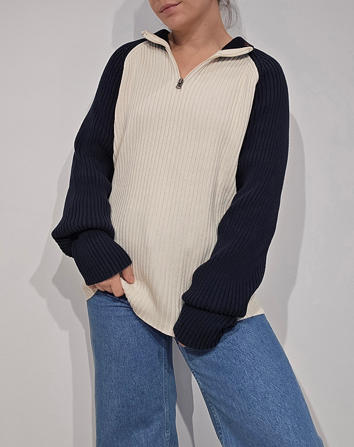 Pull camionneur des années 90' bleu marine et crème - XL