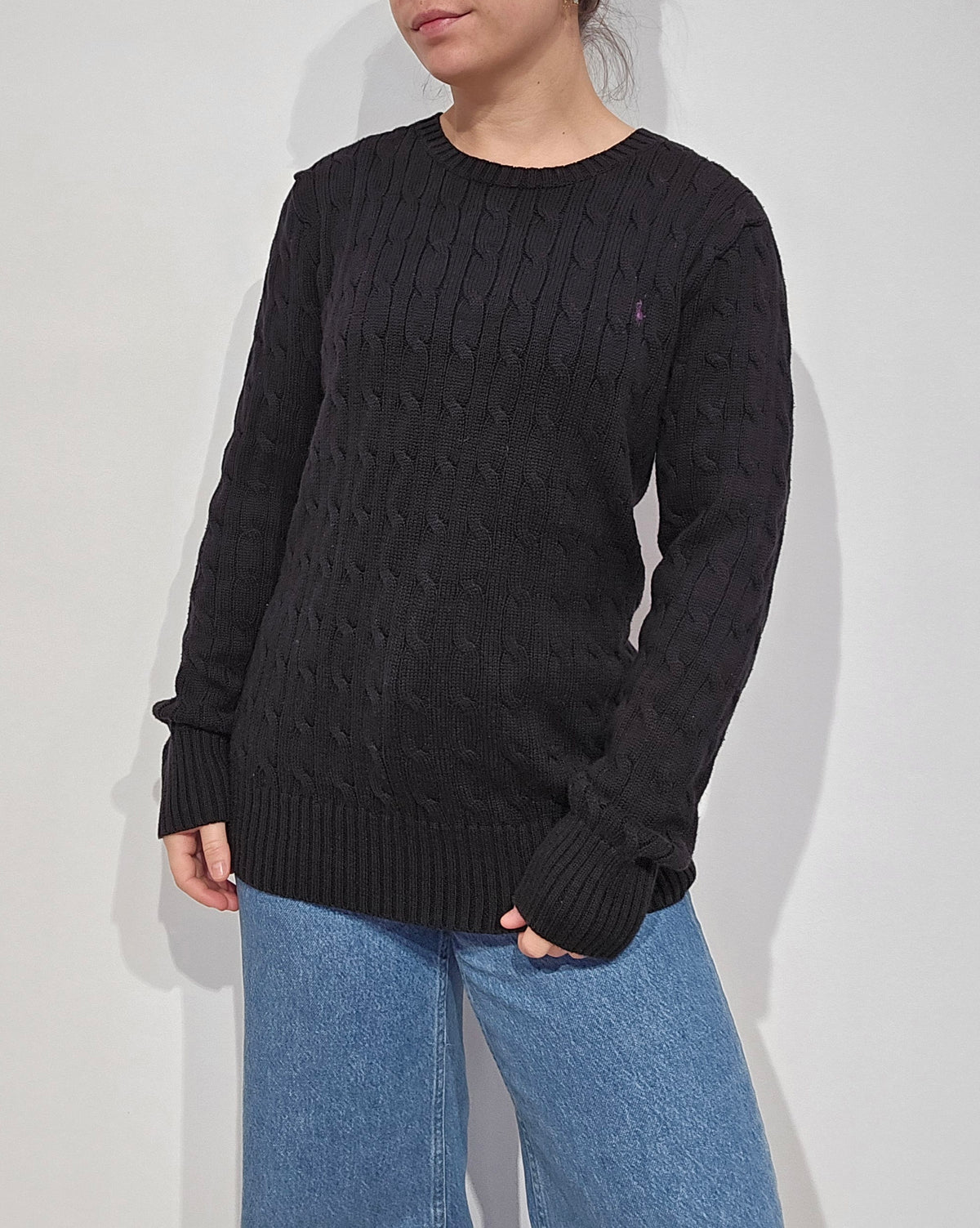 Pull col rond en maille torsadée noir - S/M