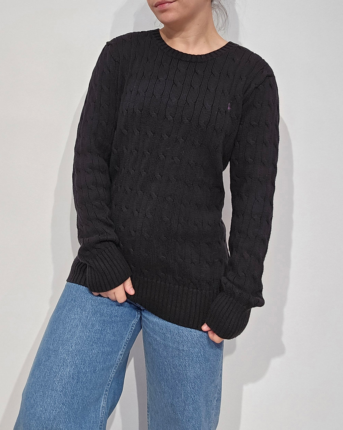 Pull col rond en maille torsadée noir - S/M