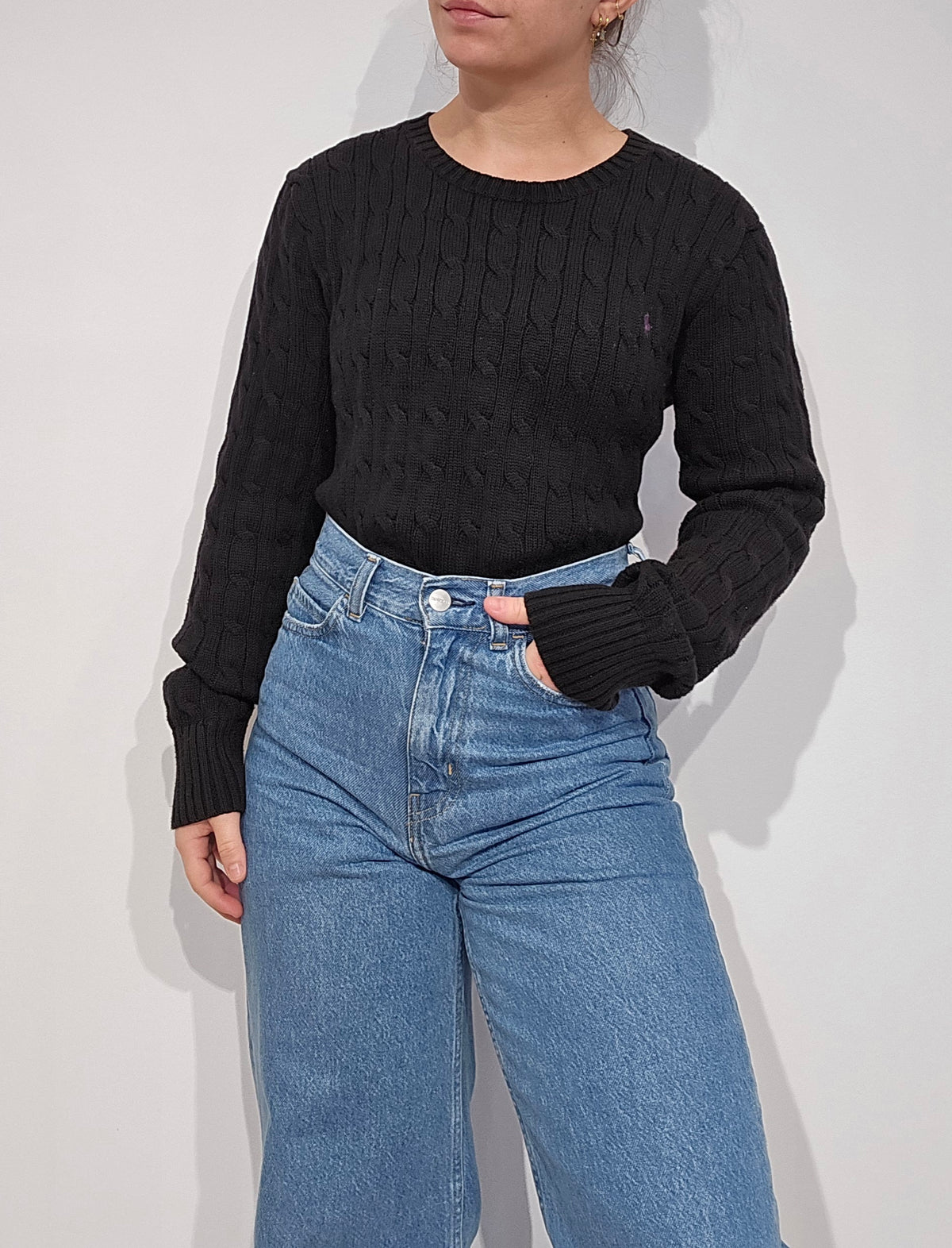 Pull col rond en maille torsadée noir - S/M