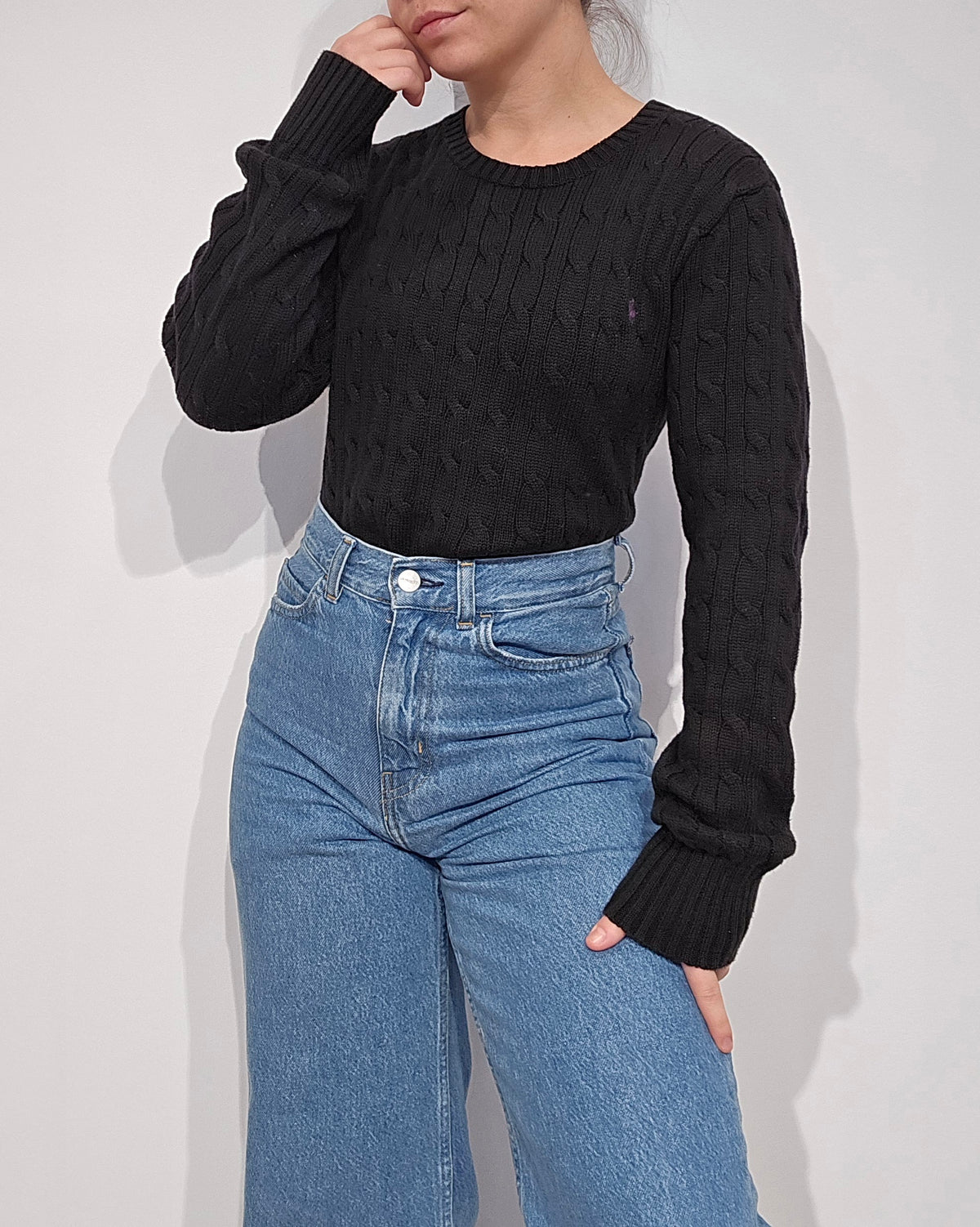 Pull col rond en maille torsadée noir - S/M