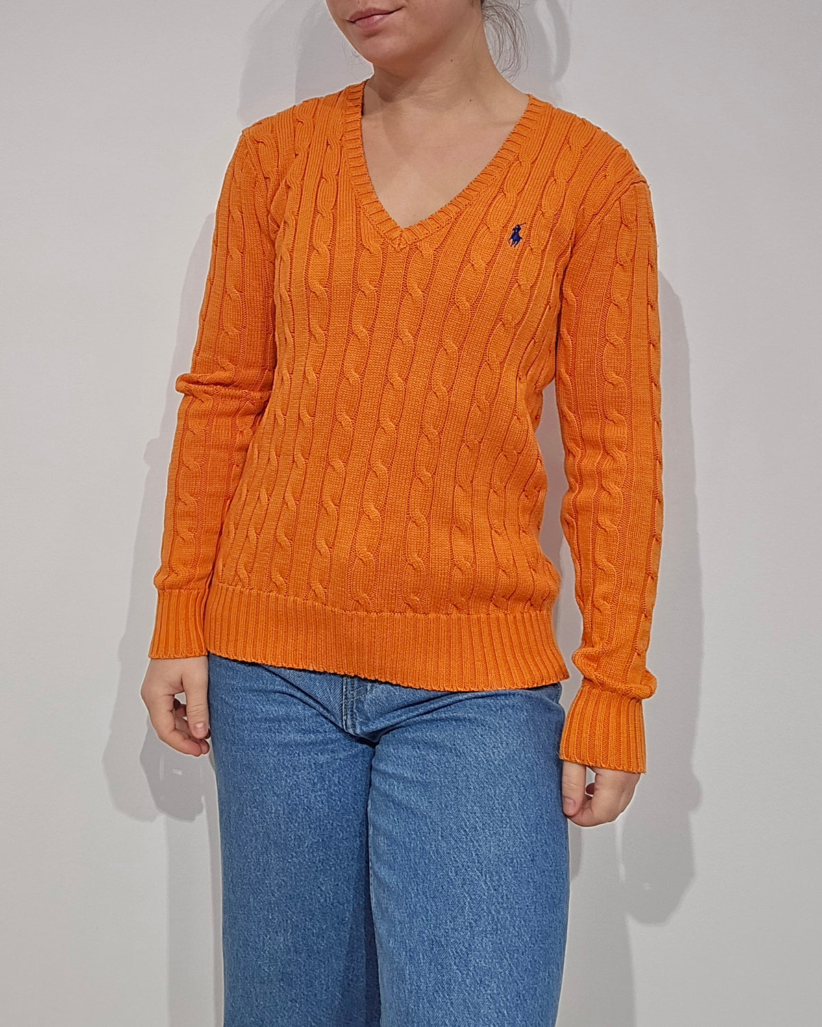 Pull col V en maille torsadé orange - S