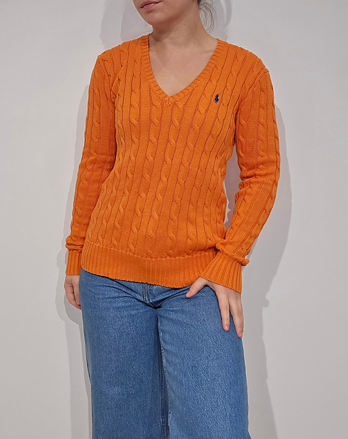 Pull col V en maille torsadé orange - S