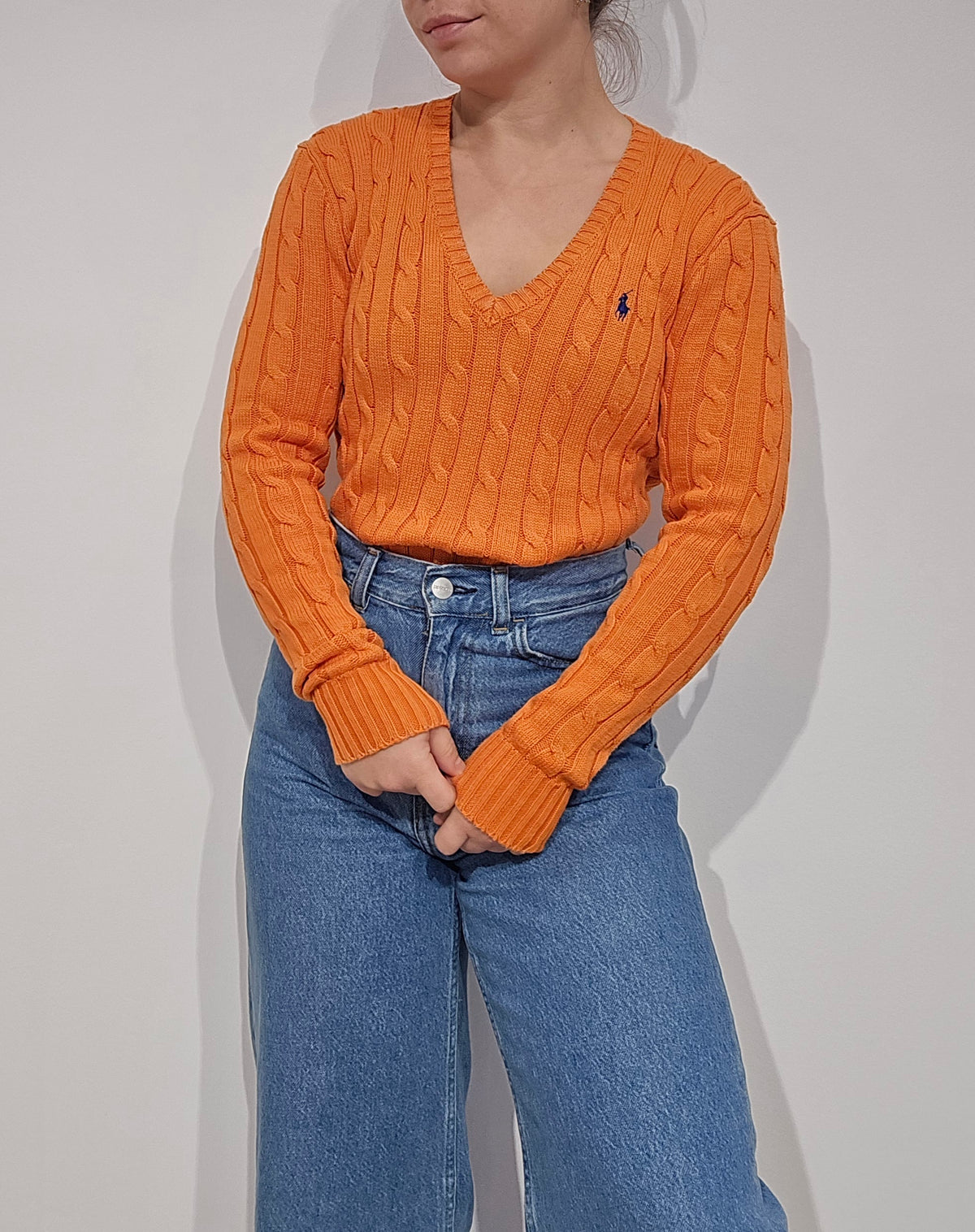 Pull col V en maille torsadé orange - S