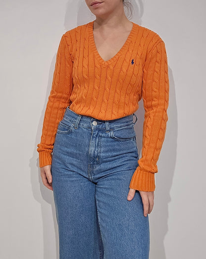 Pull col V en maille torsadé orange - S