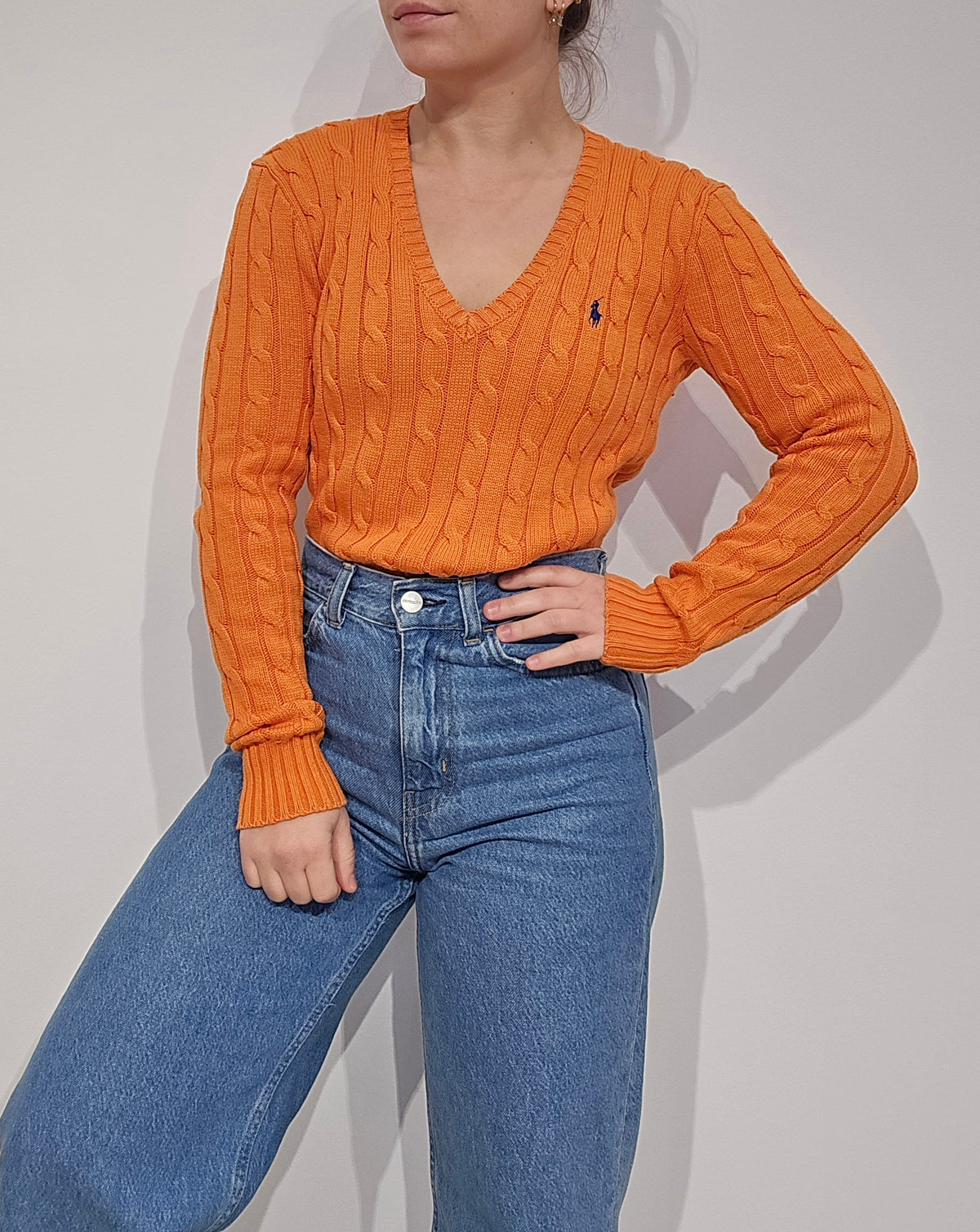 Pull col V en maille torsadé orange - S