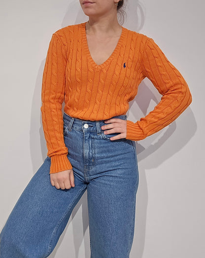 Pull col V en maille torsadé orange - S