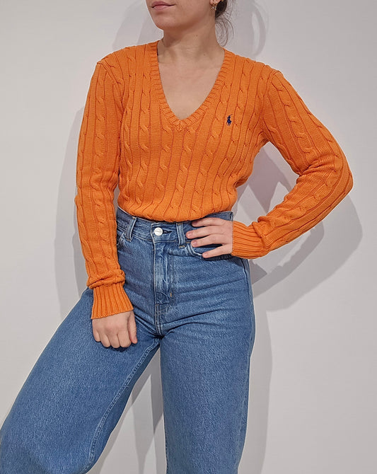 Pull col V en maille torsadé orange - S