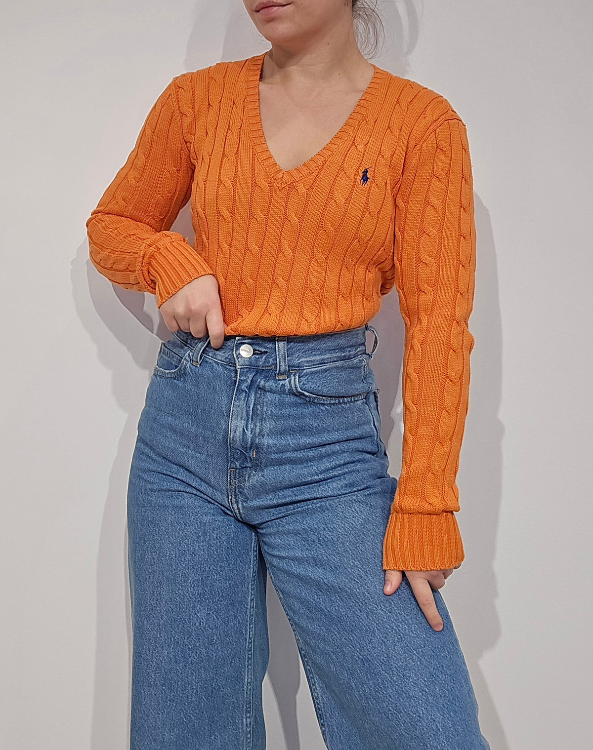 Pull col V en maille torsadé orange - S