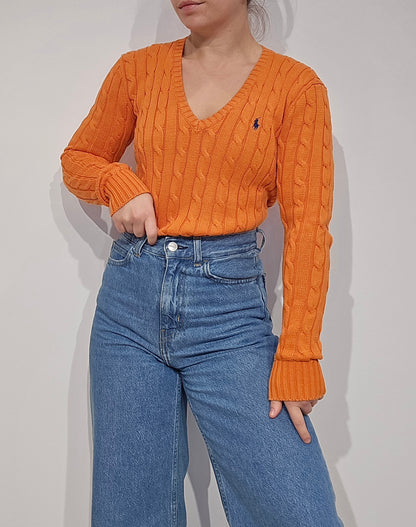 Pull col V en maille torsadé orange - S